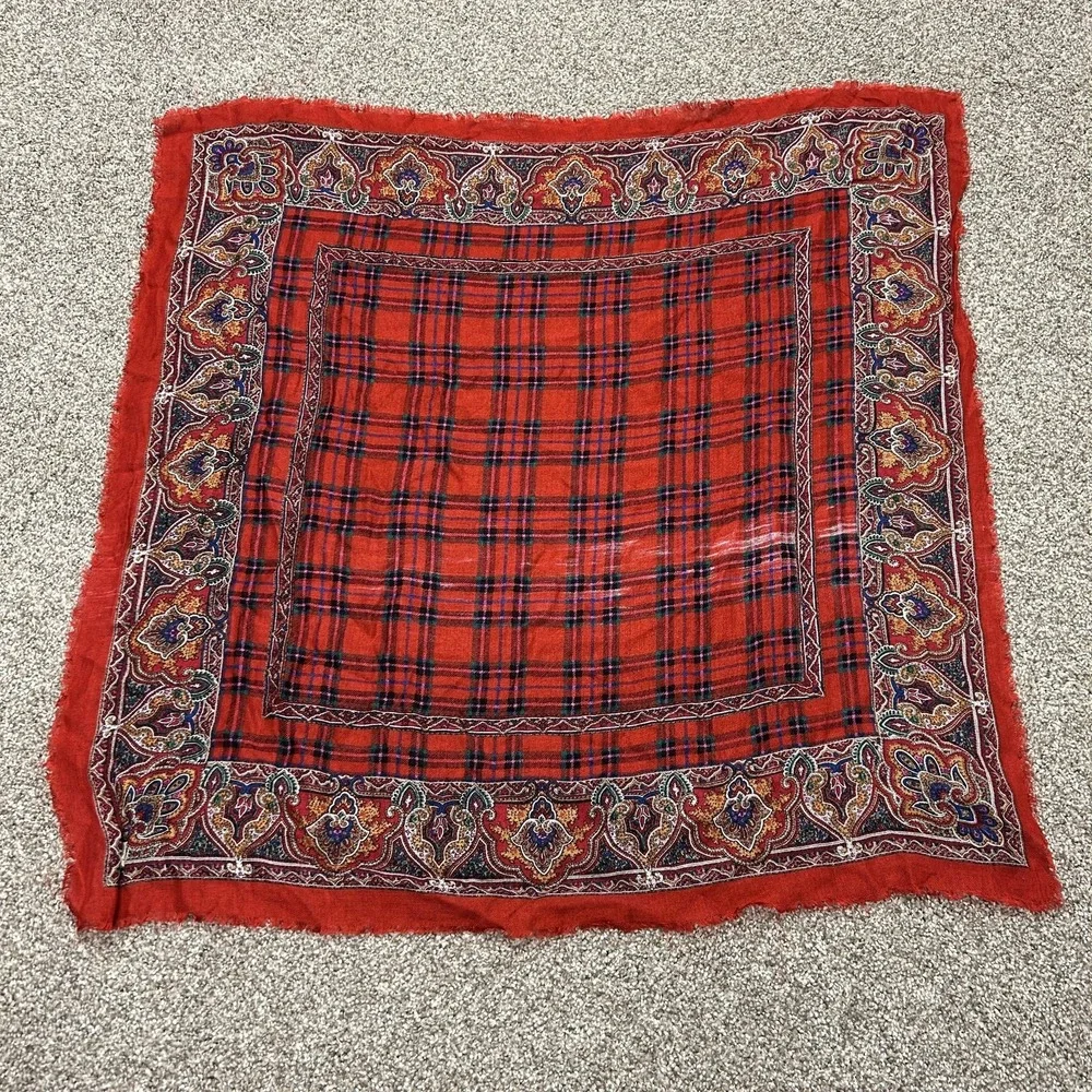 Vintage Red Plaid Paisley Square Scarf Fringe Acrylic Made In Japan 25.5in